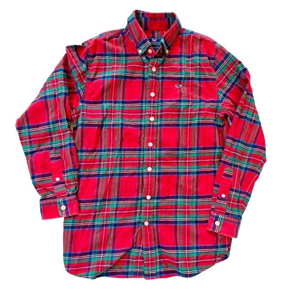 Vineyard Vines Boys Red Plaid Flannel Whale Shirt Long Sleeve Button Down L 16